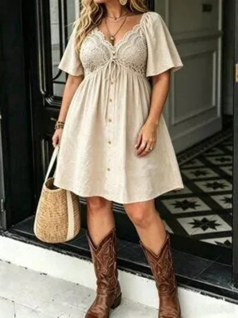 Apricot Boho Women's Plus Size V-Neck Ruched Casual Party Dress